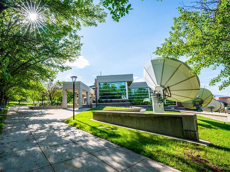 The Eccles Broadcast Center, with several large radio telescopes and satellite dishes